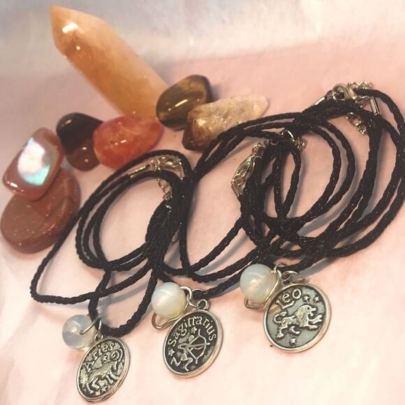 LEO IRON ZODIAC AND MOONSTONE PLANET CHARM BLACK SILK CORD NECKLACE - Picture 6 of 7